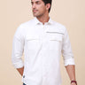 White Solid Double Pocket Shirt shop online at Estilocus. 100% Cotton , Full-sleeve solid shirt Cut and sew placket Regular collar Double button edge cuff Double pocket with flap Curved bottom hemline Finest printing at front placket. All double needle co