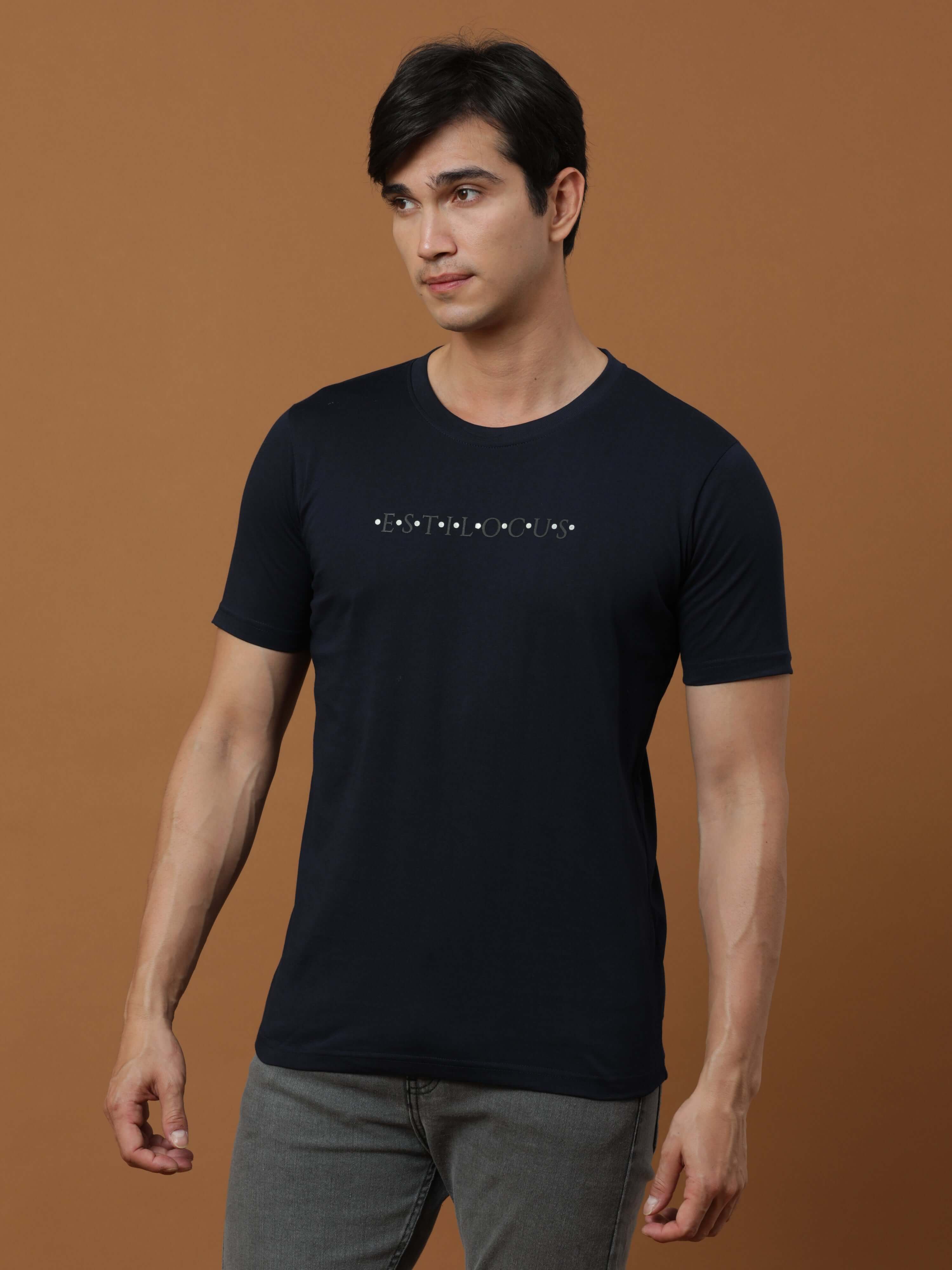 Navy Luminescent Printed T Shirt shop online at Estilocus. 100% Cotton Designed and printed on knitted fabric. The fabric is stretchy and lightweight, with a soft skin feel and no wrinkles. Crew neck collar which is smooth on the neck and keeps you comfor