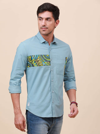 Pale Teal Solid Single Pocket Shirt shop online at Estilocus. 100% Cotton ,Full-sleeve solid shirt Cut and sew placket Regular collar Double button edge cuff Single pocket Curved bottom hemline HD elegant printing at front placket and pocket. All double n