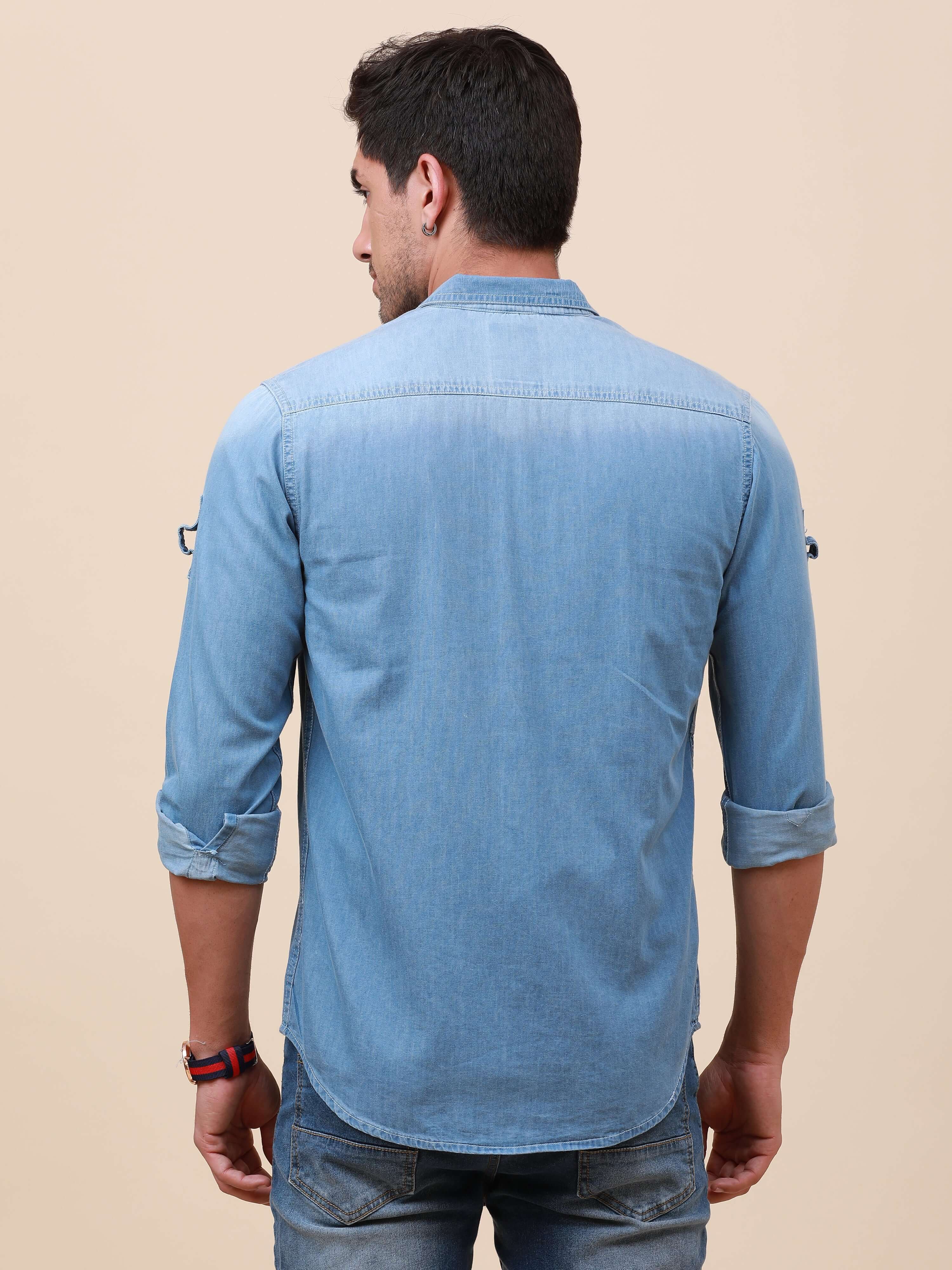 Blue Denim Double Pocket Shirt_ CASUAL SHIRT_ estilocus