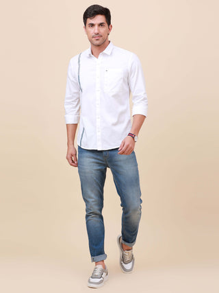 White Solid Single Pocket Shirt shop online at Estilocus. 100% Cotton ,Full-sleeve solid shirt Cut and sew placket Regular collar Double button edge cuff Single pocket Curved bottom hemline Finest printing at front placket. All double needle construction,