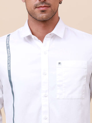 White Solid Single Pocket Shirt shop online at Estilocus. 100% Cotton ,Full-sleeve solid shirt Cut and sew placket Regular collar Double button edge cuff Single pocket Curved bottom hemline Finest printing at front placket. All double needle construction,