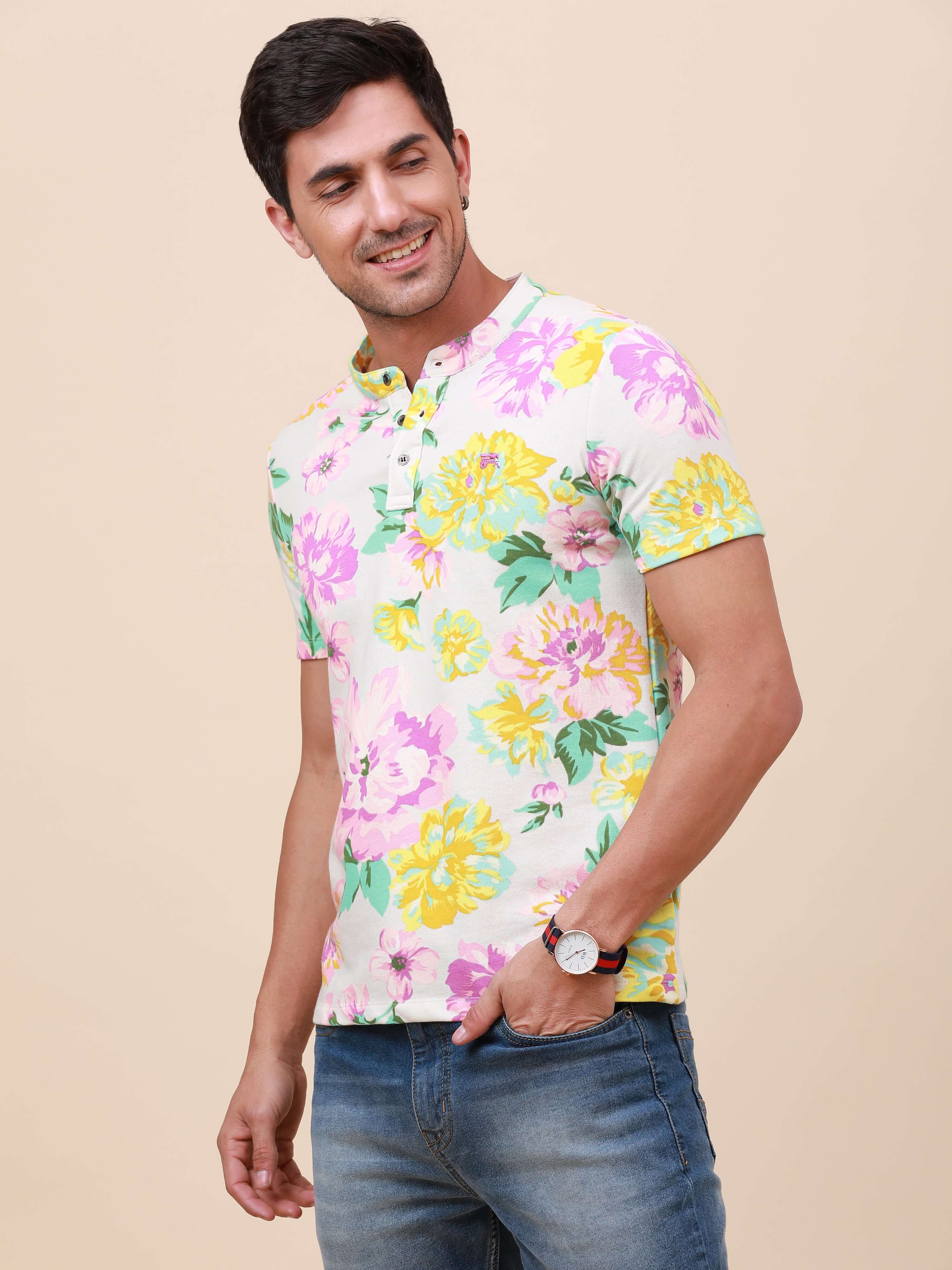 Tropical Print Henley Neck Printed T Shirt shop online at Estilocus. 100% Cotton Designed and printed on knitted fabric. The fabric is stretchy and lightweight, with a soft skin feel and no wrinkles. The Henley collar is smooth on the neck and keeps you c