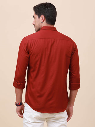 Rust Brown Solid Double Pocket Shirt shop online at Estilocus. 100% Cotton , Full-sleeve solid shirt Cut and sew placket Regular collar Double button edge cuff Double pocket with flap Curved bottom hemline Finest printing at pocket . All double needle con