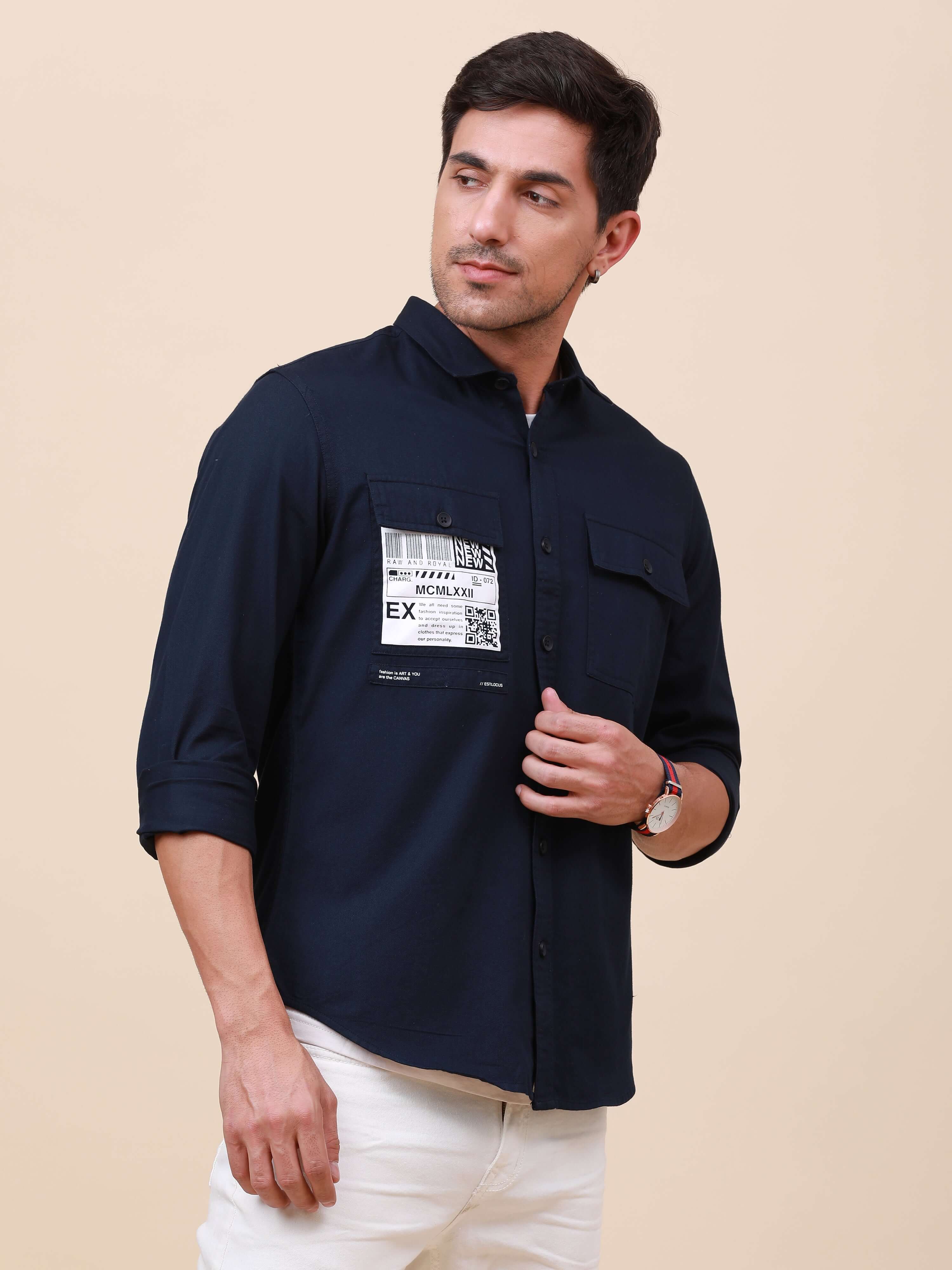 Dark Navy Solid Double 
Pocket Shirt_ CASUAL SHIRT_ estilocus