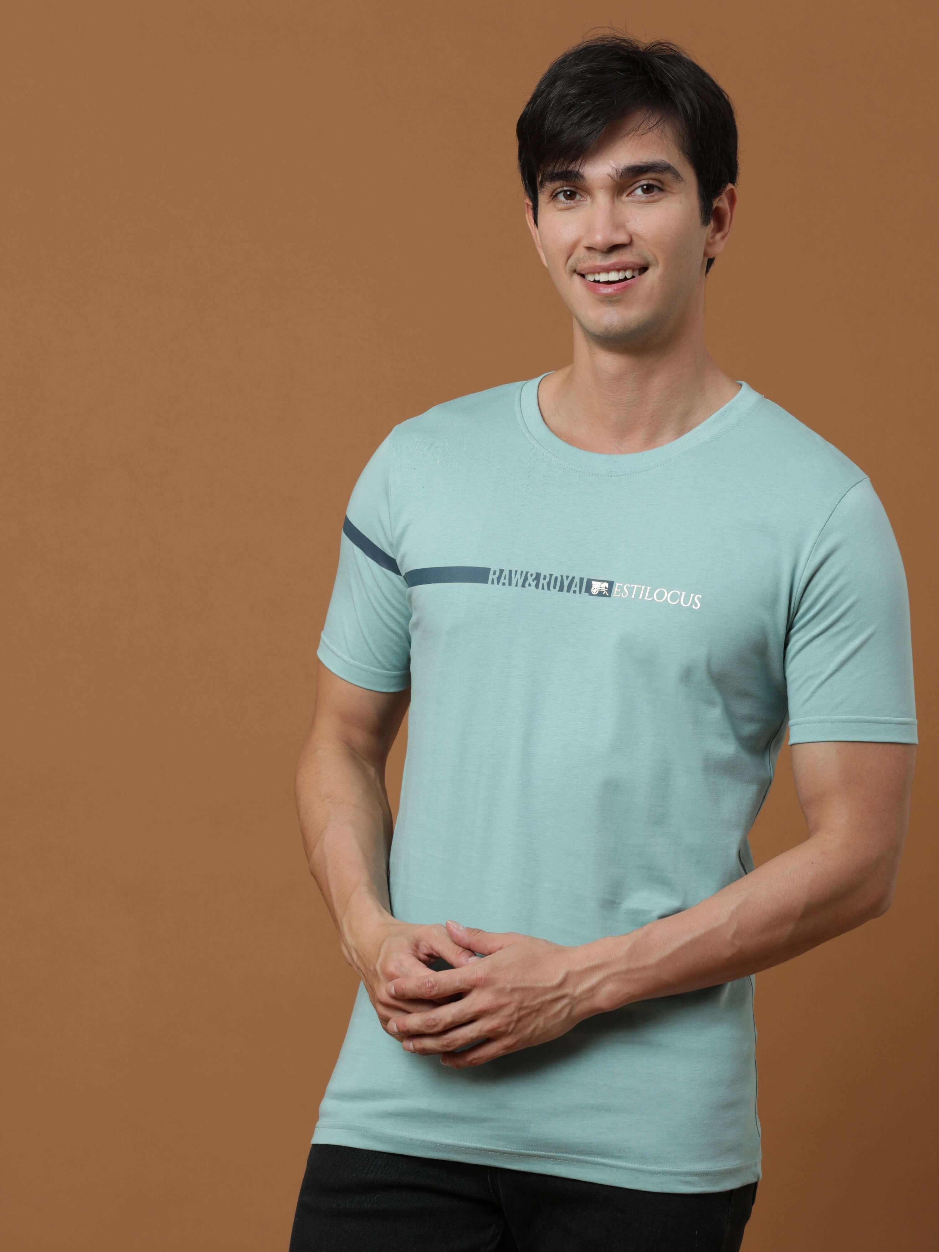 Raw&Royal Aqua Printed T Shirt shop online at Estilocus. 100% Cotton Designed and printed on knitted fabric. The fabric is stretchy and lightweight, with a soft skin feel and no wrinkles. Crew neck collar which is smooth on the neck and keeps you comforta