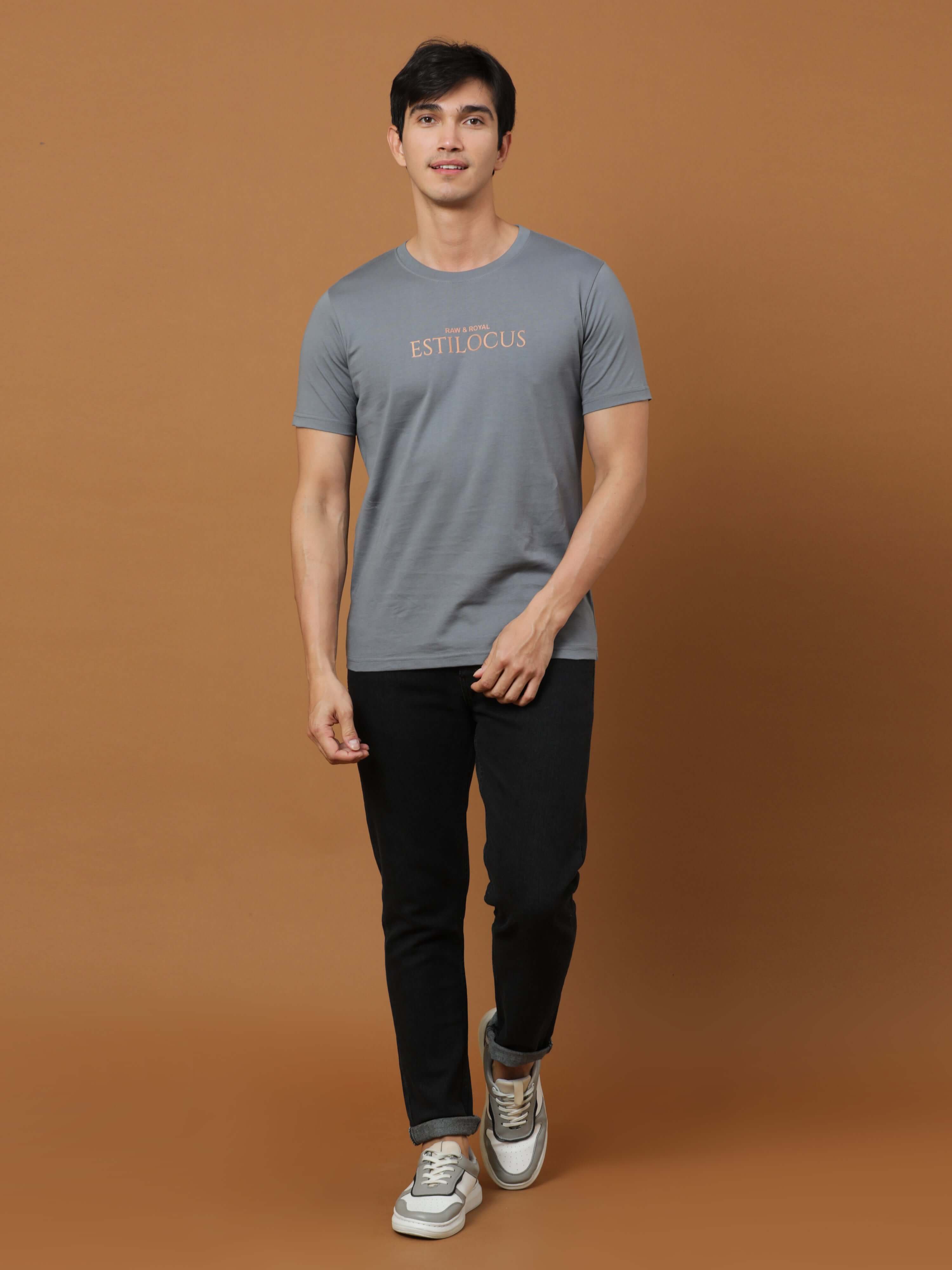 Estilocus Gunmetal Grey Printed T Shirt