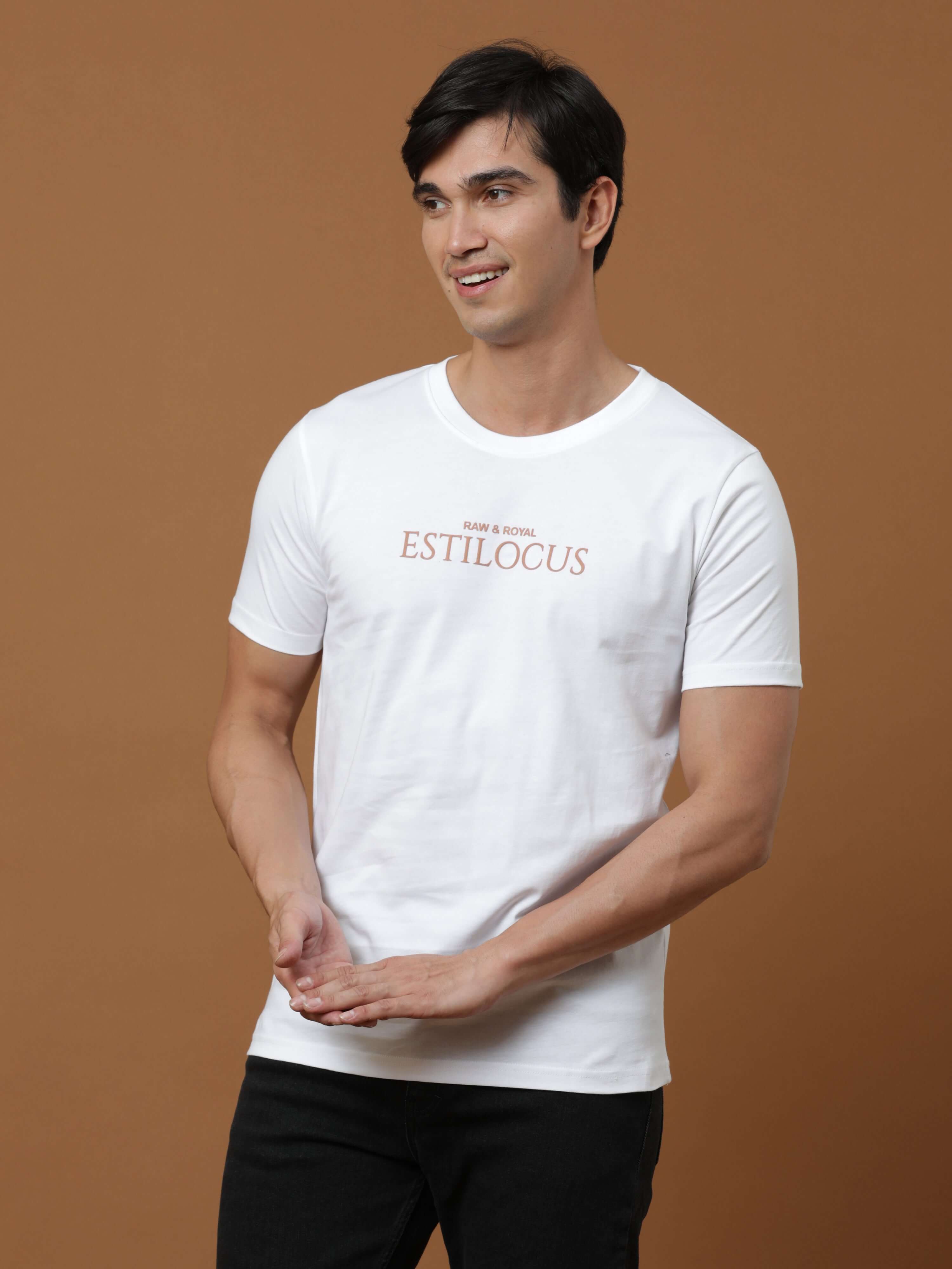 Estilocus White Printed T Shirt shop online at Estilocus. 100% Cotton Designed and printed on knitted fabric. The fabric is stretchy and lightweight, with a soft skin feel and no wrinkles. Crew neck collar which is smooth on the neck and keeps you comfort