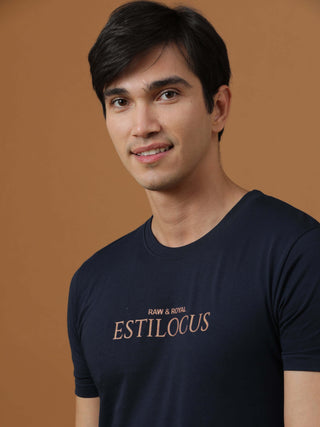 Estilocus Navy Printed T Shirt shop online at Estilocus. 100% Cotton Designed and printed on knitted fabric. The fabric is stretchy and lightweight, with a soft skin feel and no wrinkles. Crew neck collar which is smooth on the neck and keeps you comforta