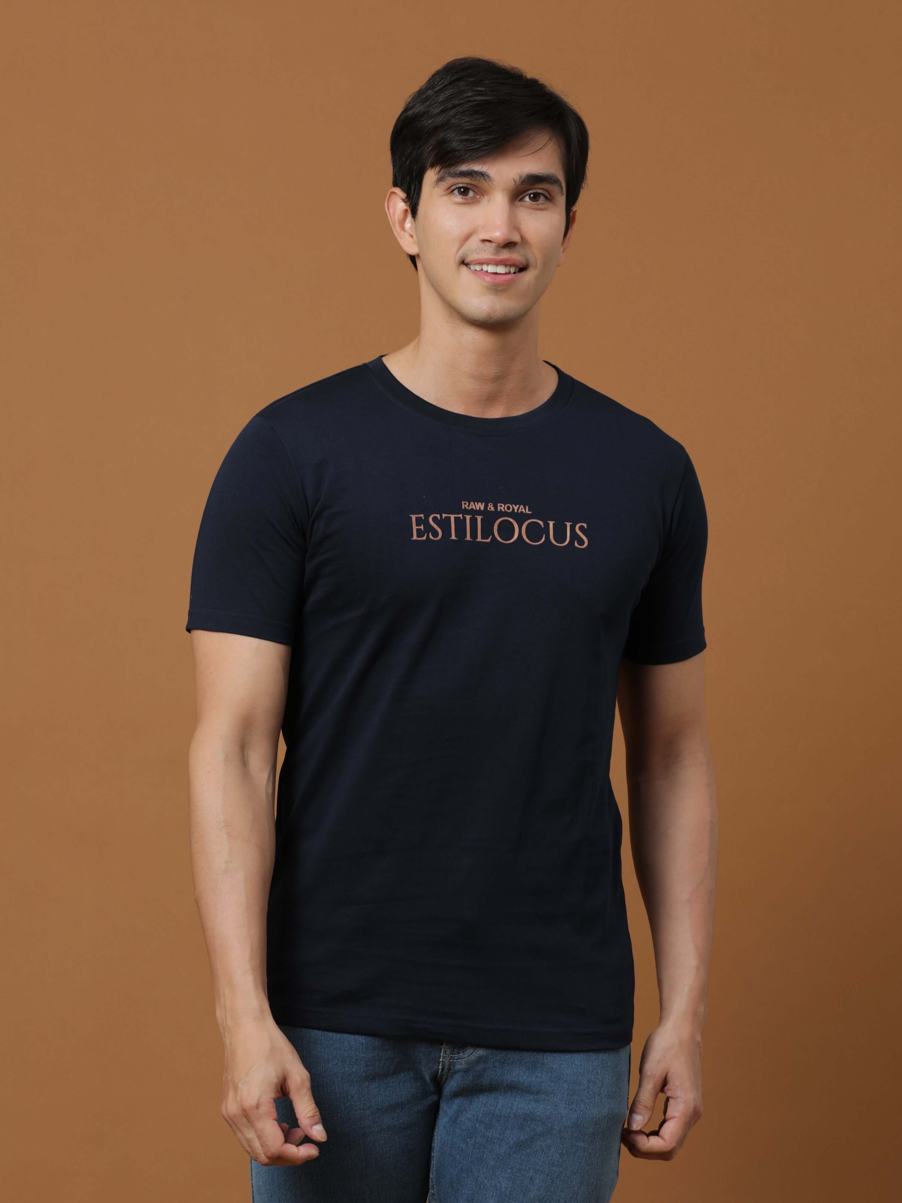 Estilocus Navy Printed T Shirt shop online at Estilocus. 100% Cotton Designed and printed on knitted fabric. The fabric is stretchy and lightweight, with a soft skin feel and no wrinkles. Crew neck collar which is smooth on the neck and keeps you comforta