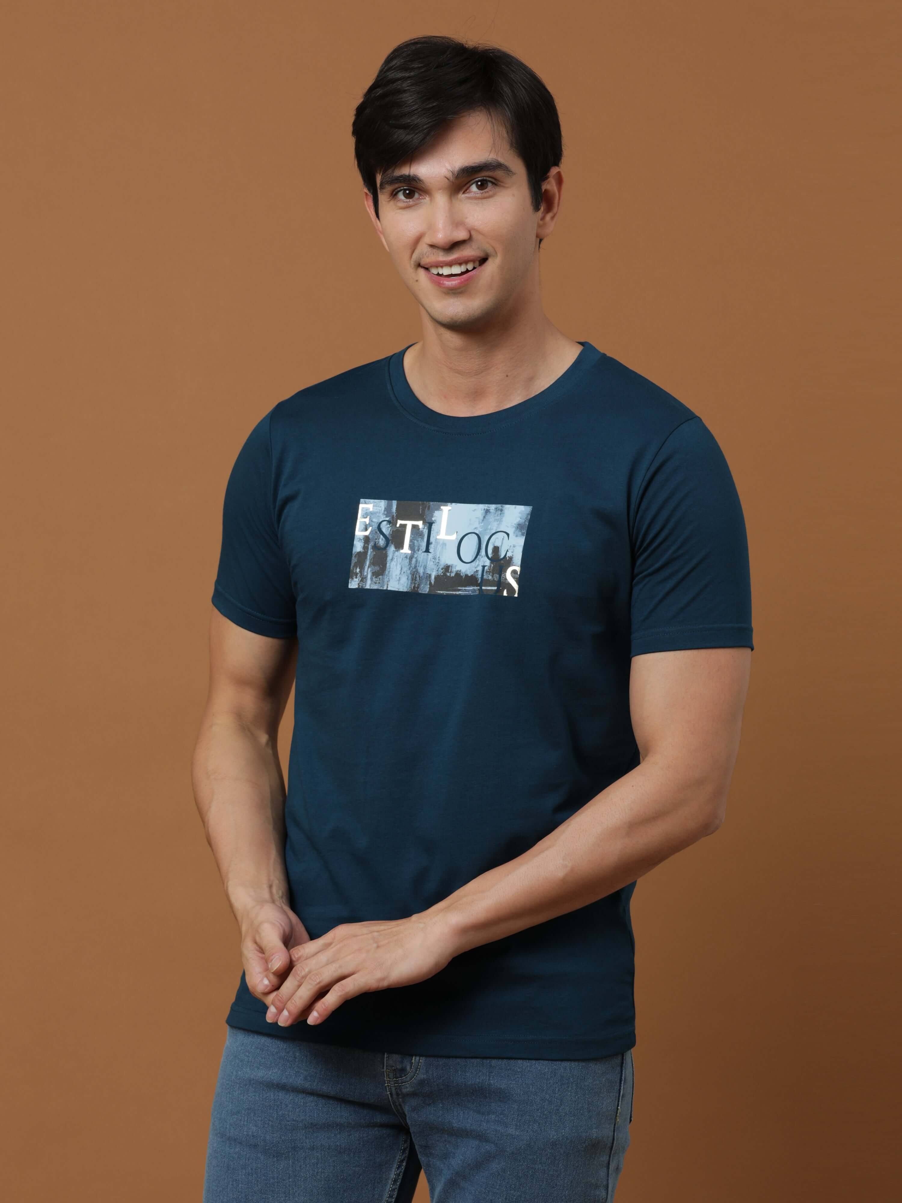 Vintage Teal Printed T Shirt shop online at Estilocus. 100% Cotton Designed and printed on knitted fabric. The fabric is stretchy and lightweight, with a soft skin feel and no wrinkles. Crew neck collar which is smooth on the neck and keeps you comfortabl