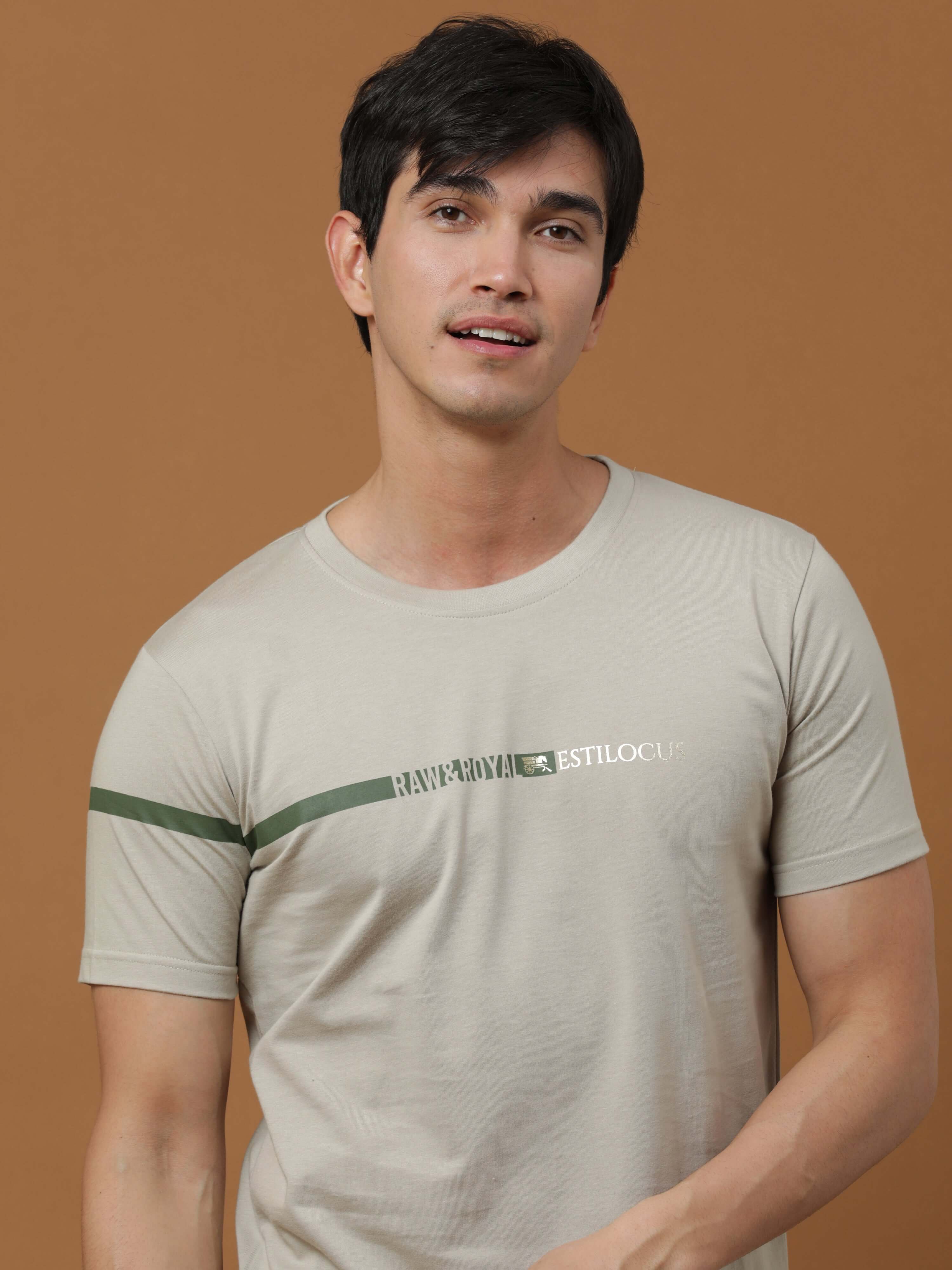 Raw&royal Beige Printed T Shirt shop online at Estilocus. 100% Cotton Designed and printed on knitted fabric. The fabric is stretchy and lightweight, with a soft skin feel and no wrinkles. Crew neck collar which is smooth on the neck and keeps you comfort