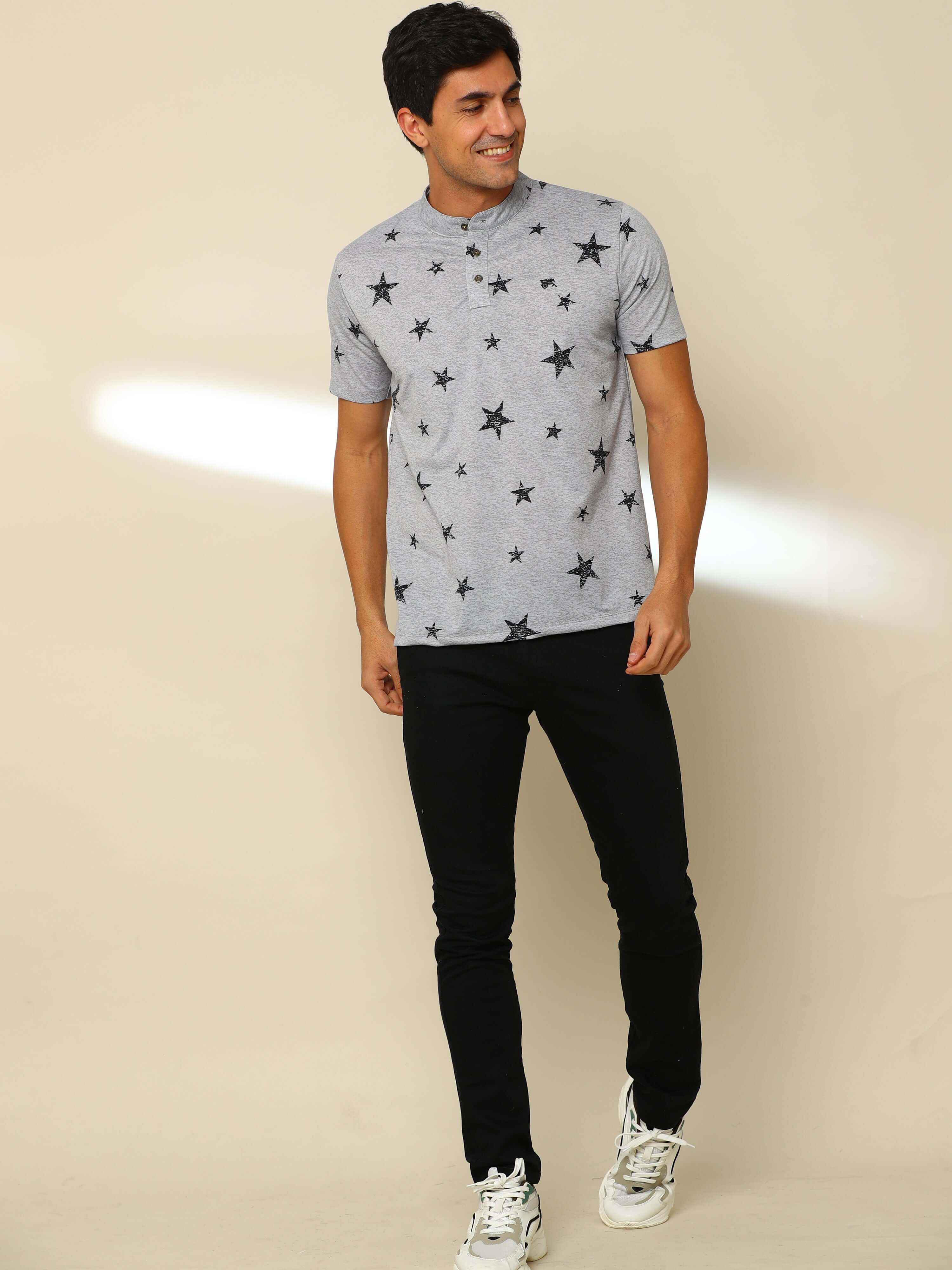 Star Henley Neck Printed T Shirt