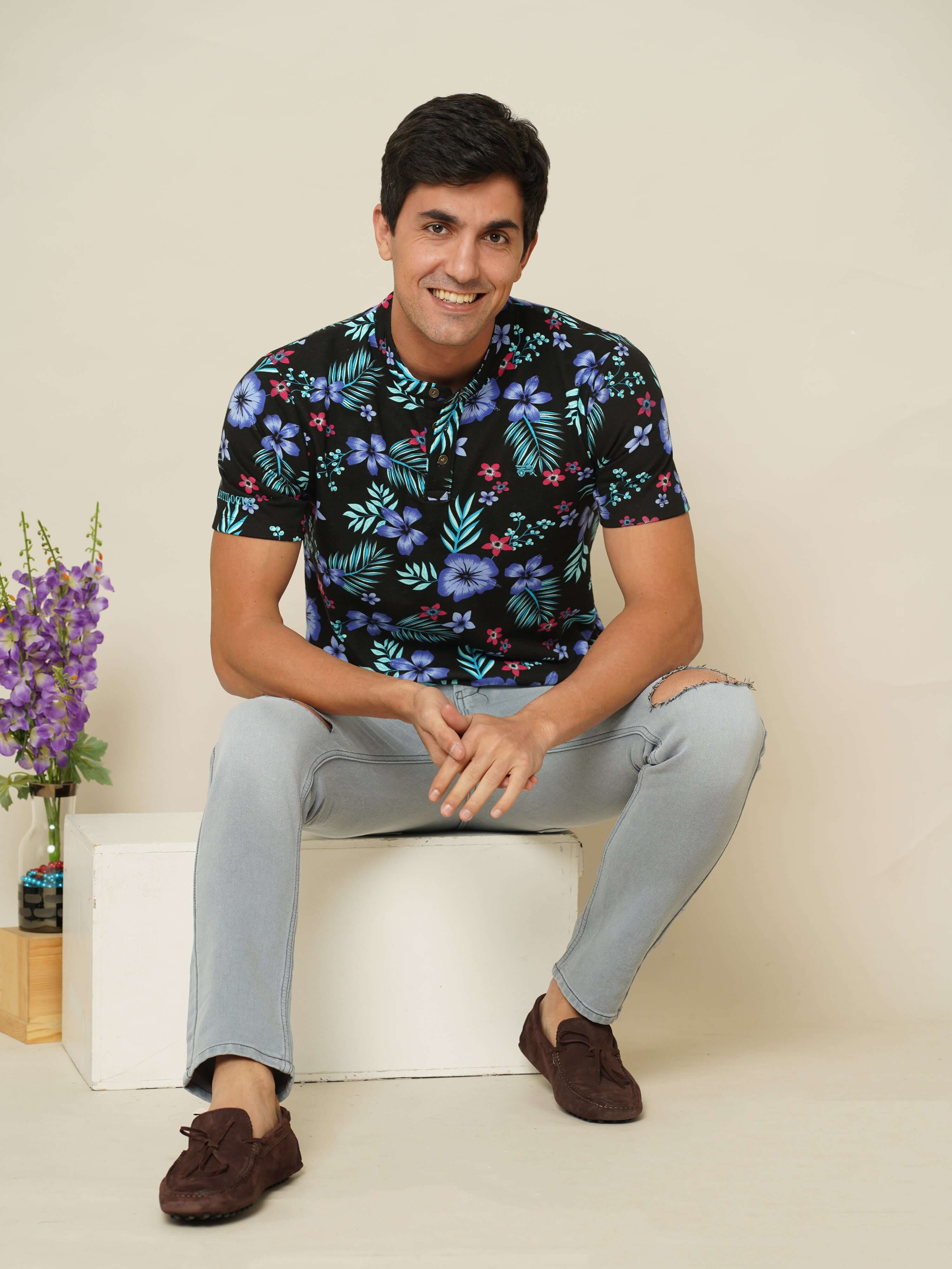 Hibiscus Floral Henley Neck T Shirt