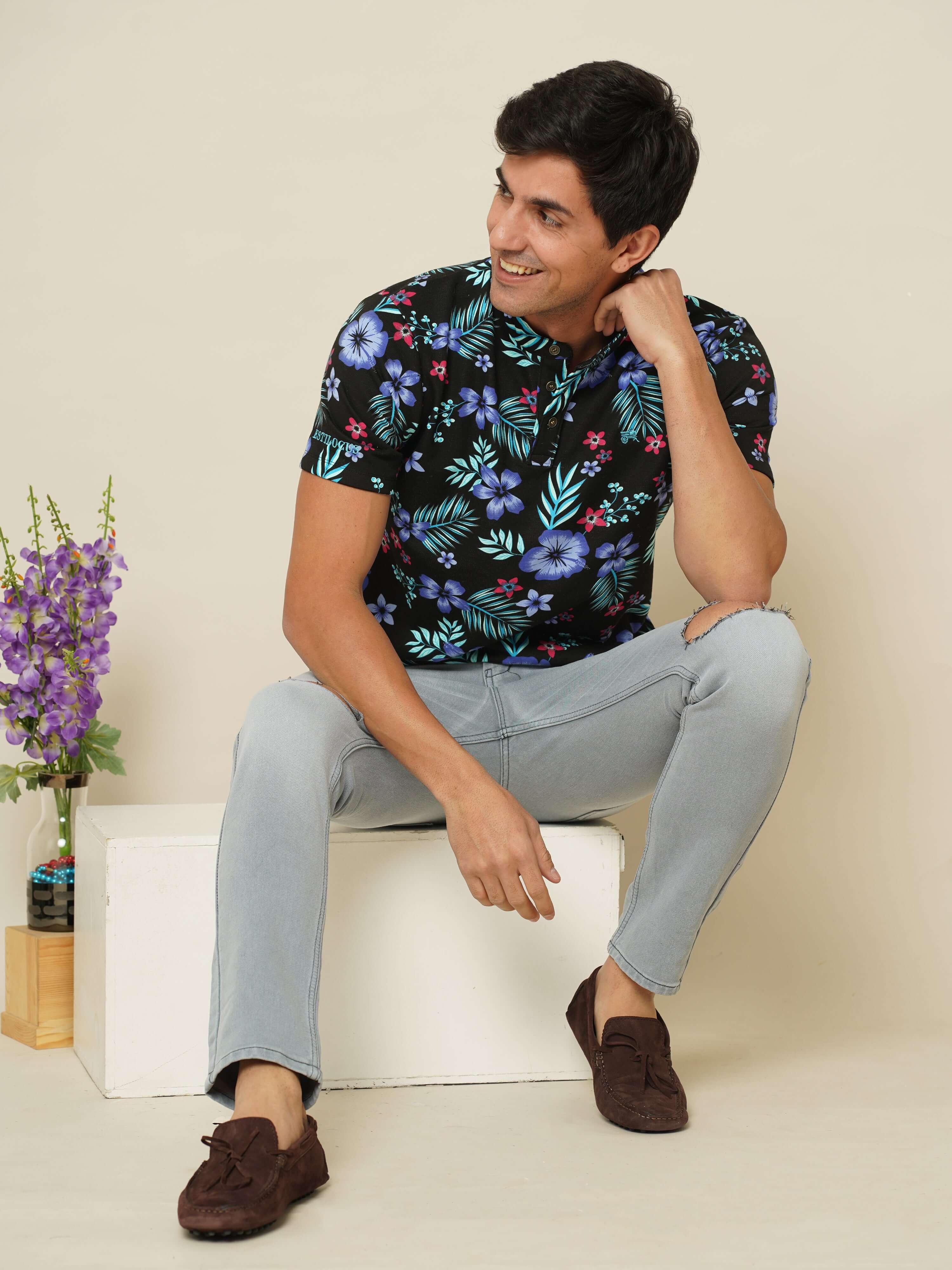 Hibiscus Floral Henley Neck T Shirt