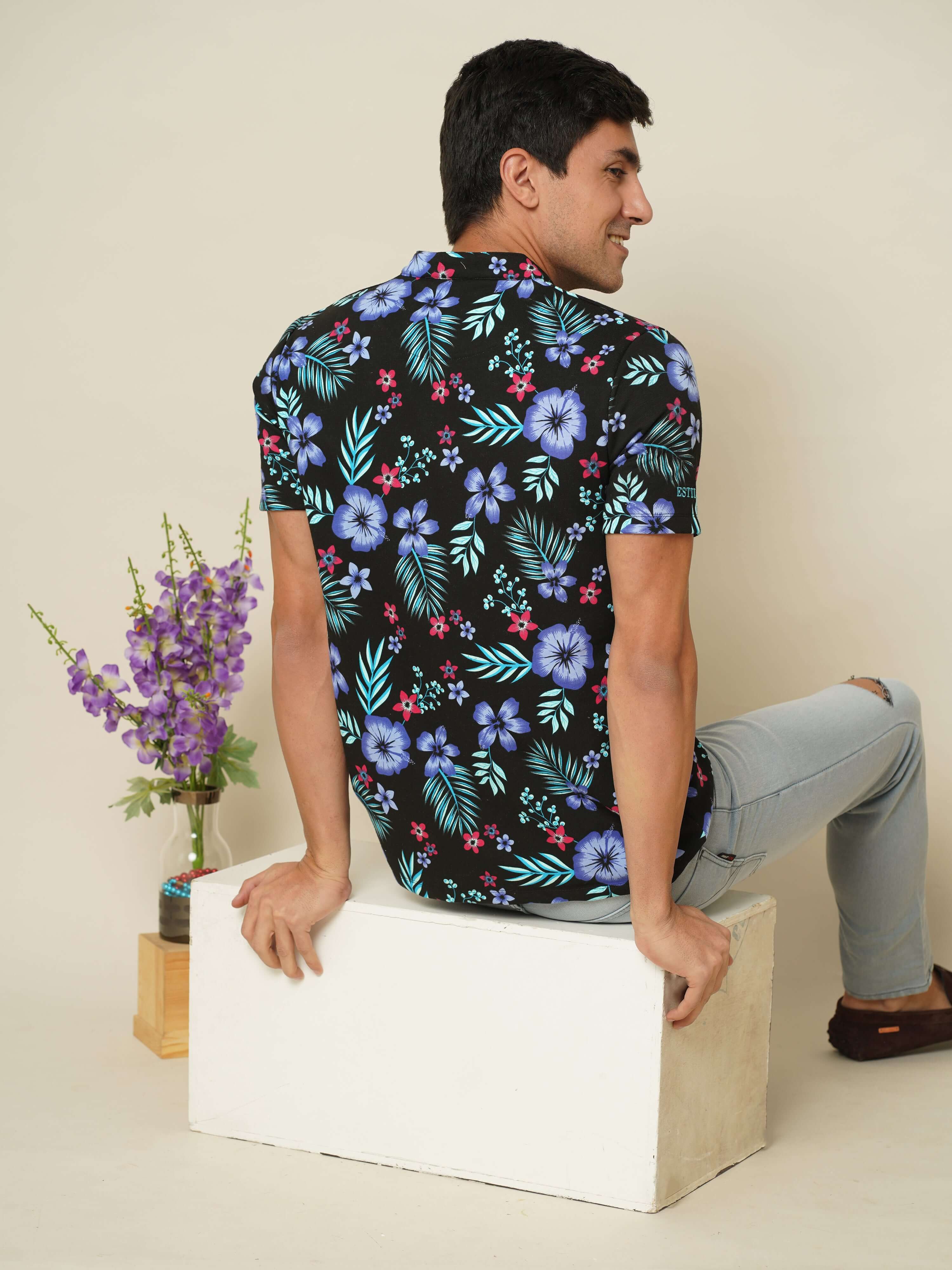 Hibiscus Floral Henley Neck T Shirt