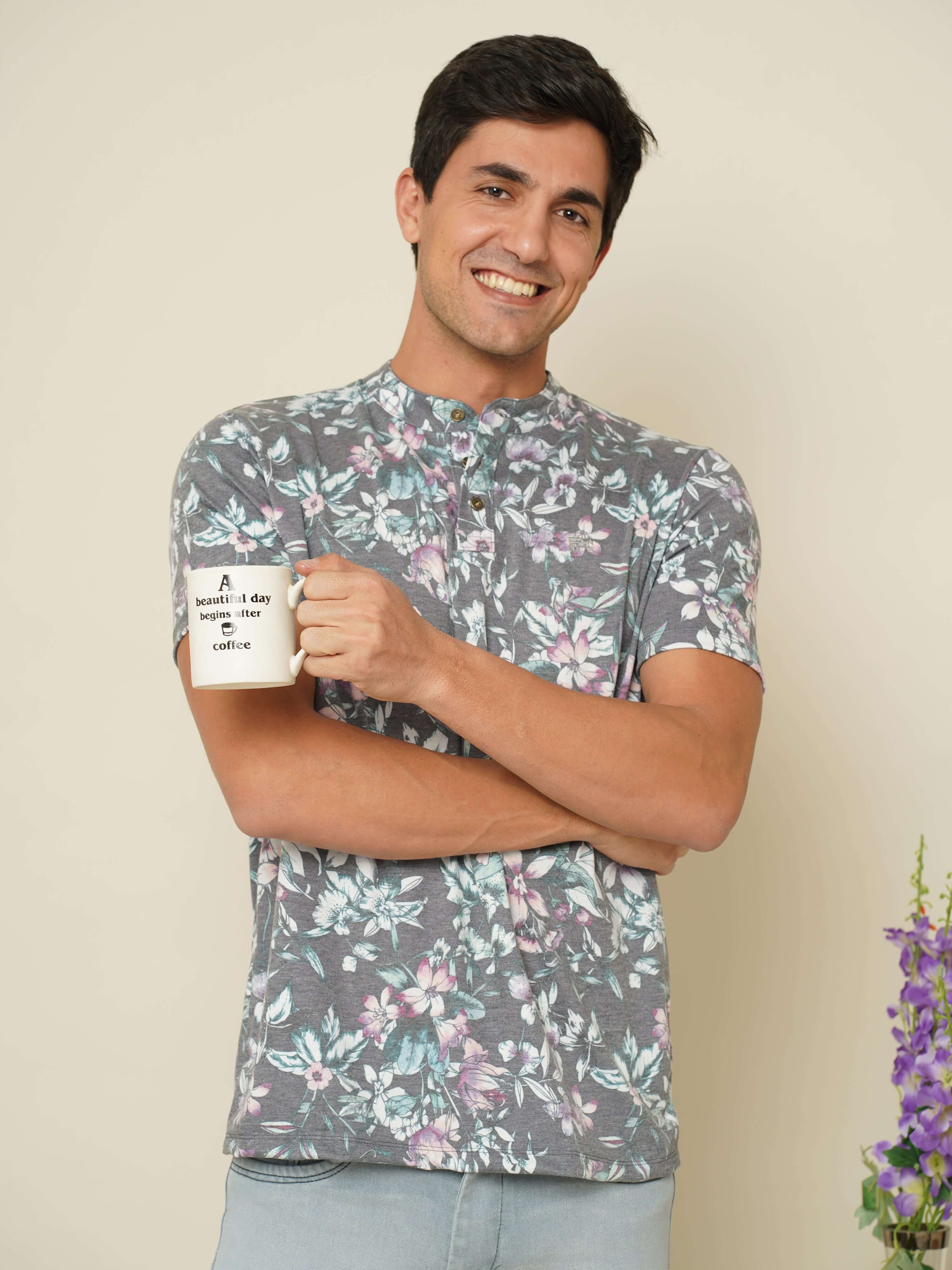 Floral Garden Henley Neck T Shirt shop online at Estilocus. 100% Cotton Designed and printed on knitted fabric. The fabric is stretchy and lightweight, with a soft skin feel and no wrinkles. The Henley collar is smooth on the neck and keeps you comfortabl