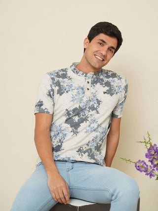 Grey/Blue Floral Henley Neck T Shirt shop online at Estilocus. 100% Cotton Designed and printed on knitted fabric. The fabric is stretchy and lightweight, with a soft skin feel and no wrinkles. The Henley collar is smooth on the neck and keeps you comfort