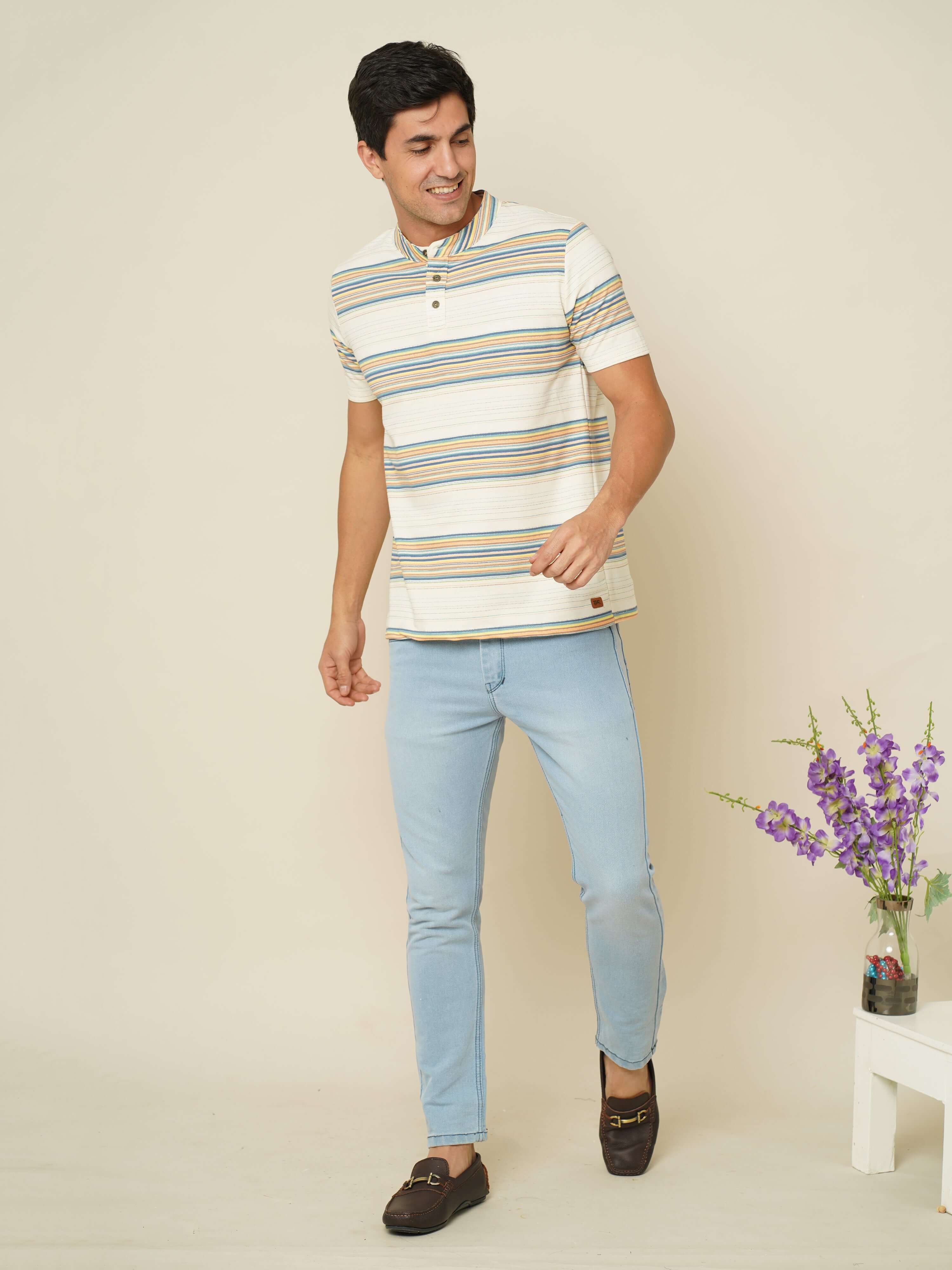 Cream Stripes Henley Neck T Shirt shop online at Estilocus. 100% Cotton Designed and printed on knitted fabric. The fabric is stretchy and lightweight, with a soft skin feel and no wrinkles. The Henley collar is smooth on the neck and keeps you comfortabl