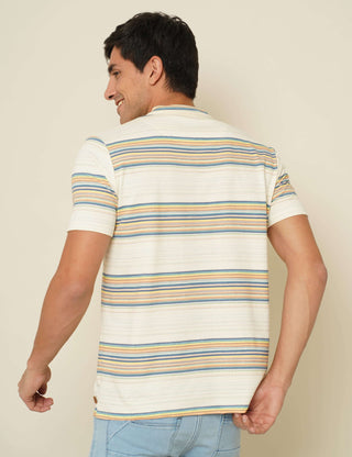 Cream Stripes Henley Neck T Shirt shop online at Estilocus. 100% Cotton Designed and printed on knitted fabric. The fabric is stretchy and lightweight, with a soft skin feel and no wrinkles. The Henley collar is smooth on the neck and keeps you comfortabl