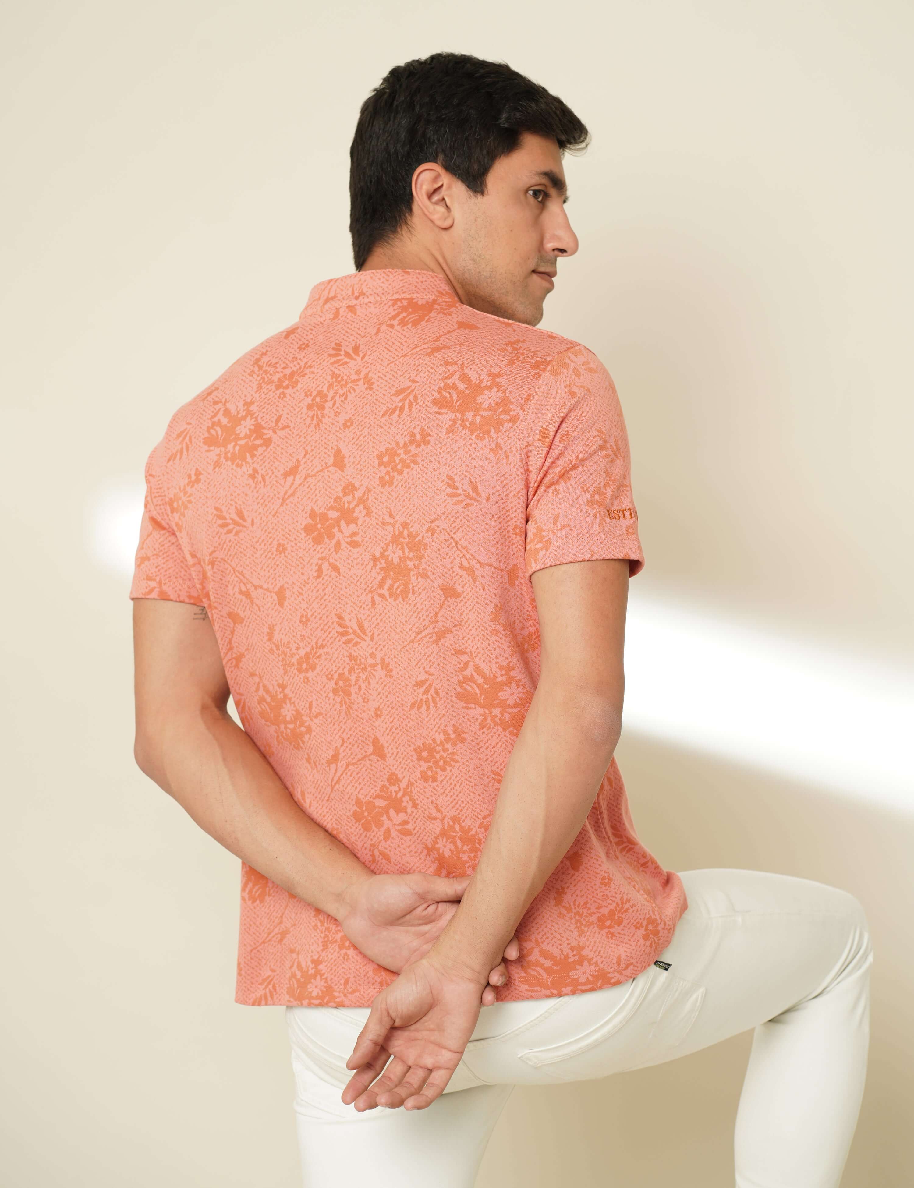 Coral Red Henley Neck T Shirt
