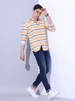 Yellow Stripe Casual Shirt shop online at Estilocus. • Full-sleeve yellow stripe shirt with regular collar and double button square cuff • Single pocket with logo embroidery • Curved hemline • Finest quality • Suitable to wear with all types of bottoms •