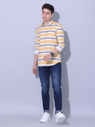 Yellow Stripe Casual Shirt shop online at Estilocus. • Full-sleeve yellow stripe shirt with regular collar and double button square cuff • Single pocket with logo embroidery • Curved hemline • Finest quality • Suitable to wear with all types of bottoms •