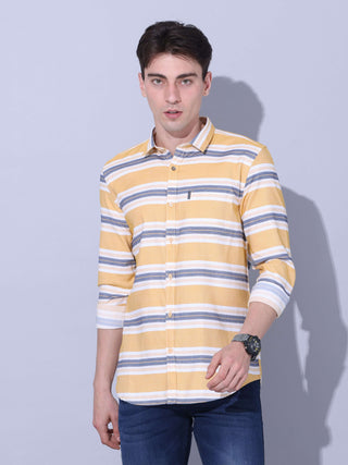 Yellow Stripe Casual Shirt shop online at Estilocus. • Full-sleeve yellow stripe shirt with regular collar and double button square cuff • Single pocket with logo embroidery • Curved hemline • Finest quality • Suitable to wear with all types of bottoms •