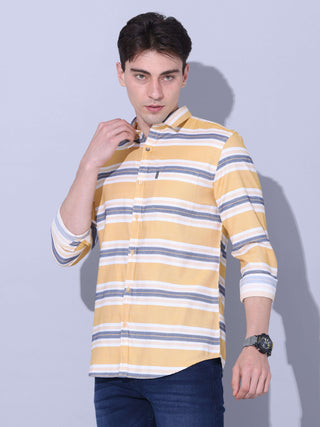 Yellow Stripe Casual Shirt shop online at Estilocus. • Full-sleeve yellow stripe shirt with regular collar and double button square cuff • Single pocket with logo embroidery • Curved hemline • Finest quality • Suitable to wear with all types of bottoms •