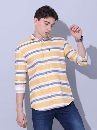 Yellow Stripe Casual Shirt shop online at Estilocus. • Full-sleeve yellow stripe shirt with regular collar and double button square cuff • Single pocket with logo embroidery • Curved hemline • Finest quality • Suitable to wear with all types of bottoms •