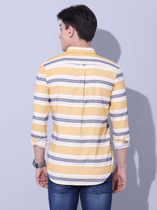 Yellow Stripe Casual Shirt shop online at Estilocus. • Full-sleeve yellow stripe shirt with regular collar and double button square cuff • Single pocket with logo embroidery • Curved hemline • Finest quality • Suitable to wear with all types of bottoms •