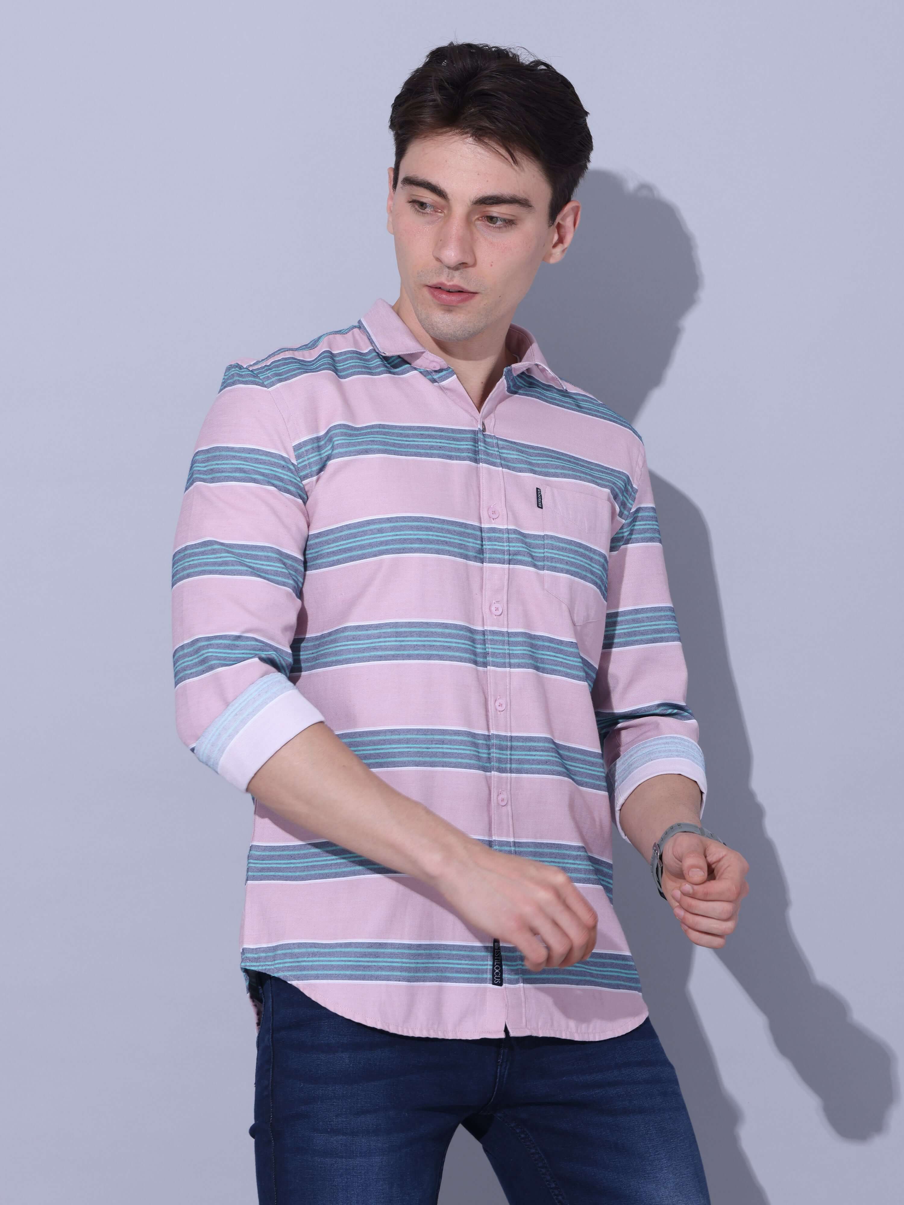 Stripes Casual Shirt shop online at Estilocus. • Full-sleeve stripe shirt • Cut and sew placket • Regular collar • Double button round cuff. • Single pocket • Curved hemline • Finest quality sewing • Machine wash care • Suitable to wear with all types of