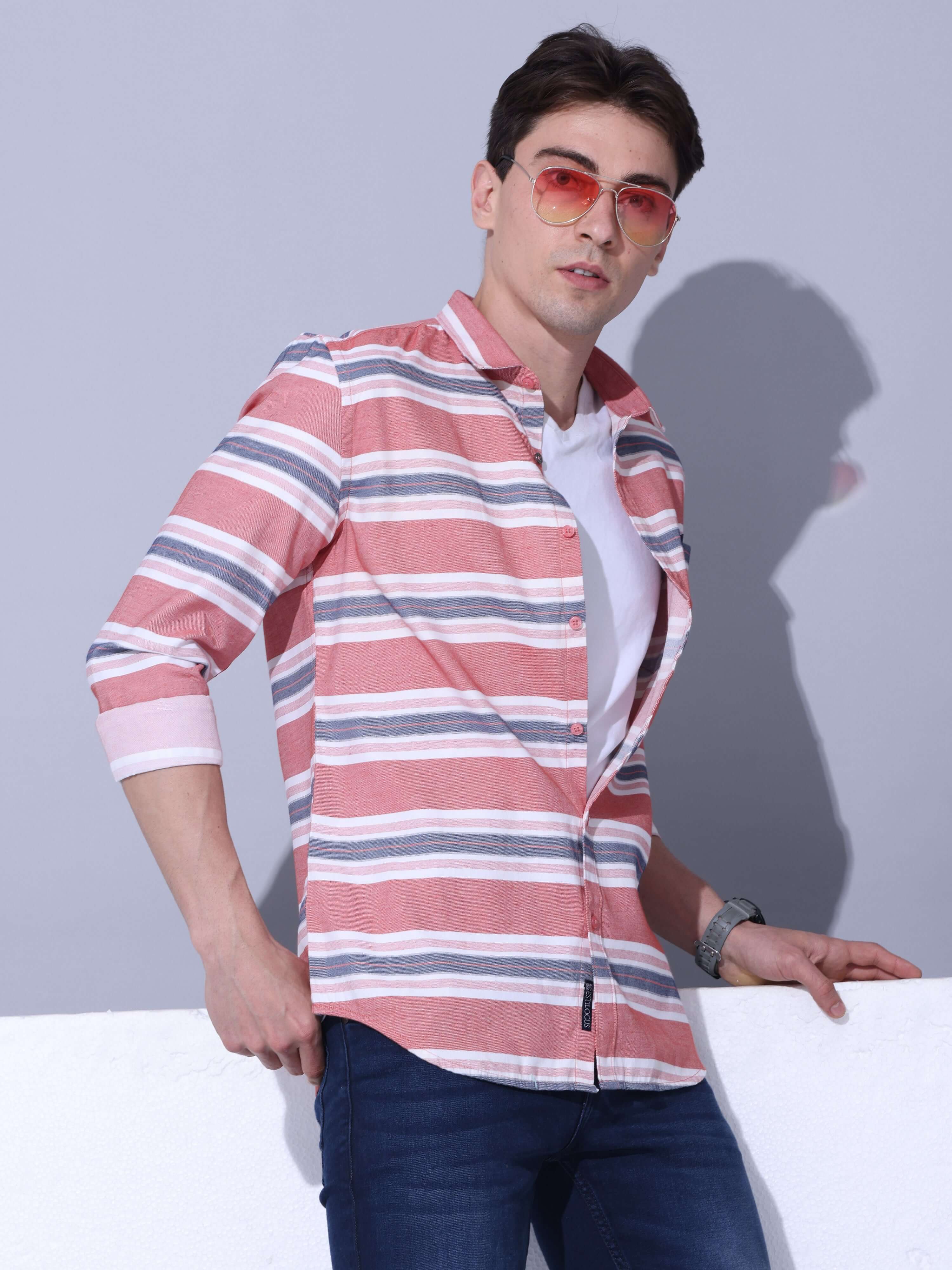 Red Stripe Casual Shirt shop online at Estilocus. • Geometric stripe print shirt with sleeve and single pocket• Cut and sew placket • Regular collar • Double button square cuff • Curved hemline • Finest quality sewing • Machine wash care • Suitable to wea