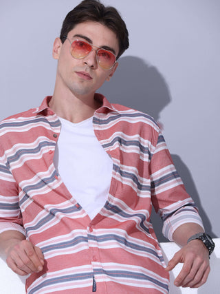 Red Stripe Casual Shirt shop online at Estilocus. • Geometric stripe print shirt with sleeve and single pocket• Cut and sew placket • Regular collar • Double button square cuff • Curved hemline • Finest quality sewing • Machine wash care • Suitable to wea