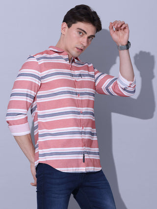 Red Stripe Casual Shirt shop online at Estilocus. • Geometric stripe print shirt with sleeve and single pocket• Cut and sew placket • Regular collar • Double button square cuff • Curved hemline • Finest quality sewing • Machine wash care • Suitable to wea