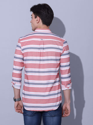 Red Stripe Casual Shirt shop online at Estilocus. • Geometric stripe print shirt with sleeve and single pocket• Cut and sew placket • Regular collar • Double button square cuff • Curved hemline • Finest quality sewing • Machine wash care • Suitable to wea