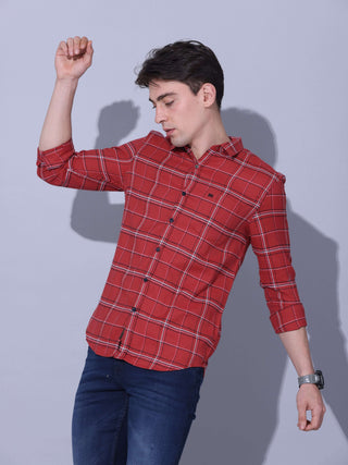 Red Check Casual Shirt shop online at Estilocus. • Checkered full sleeve shirt with regular collar and curved hem • Cut and sew placket • Double button square cuff • Single pocket with logo embroidery • Finest quality sewing • Suitable to wear with all ty