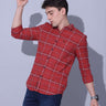 Red Check Casual Shirt shop online at Estilocus. • Checkered full sleeve shirt with regular collar and curved hem • Cut and sew placket • Double button square cuff • Single pocket with logo embroidery • Finest quality sewing • Suitable to wear with all ty