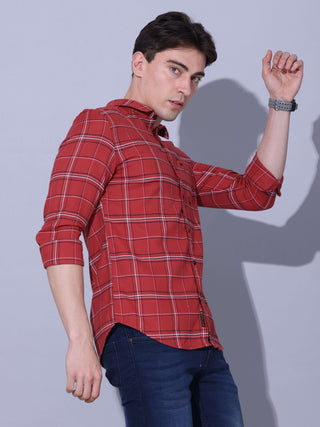 Red Check Casual Shirt shop online at Estilocus. • Checkered full sleeve shirt with regular collar and curved hem • Cut and sew placket • Double button square cuff • Single pocket with logo embroidery • Finest quality sewing • Suitable to wear with all ty