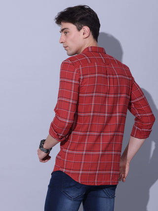 Red Check Casual Shirt shop online at Estilocus. • Checkered full sleeve shirt with regular collar and curved hem • Cut and sew placket • Double button square cuff • Single pocket with logo embroidery • Finest quality sewing • Suitable to wear with all ty