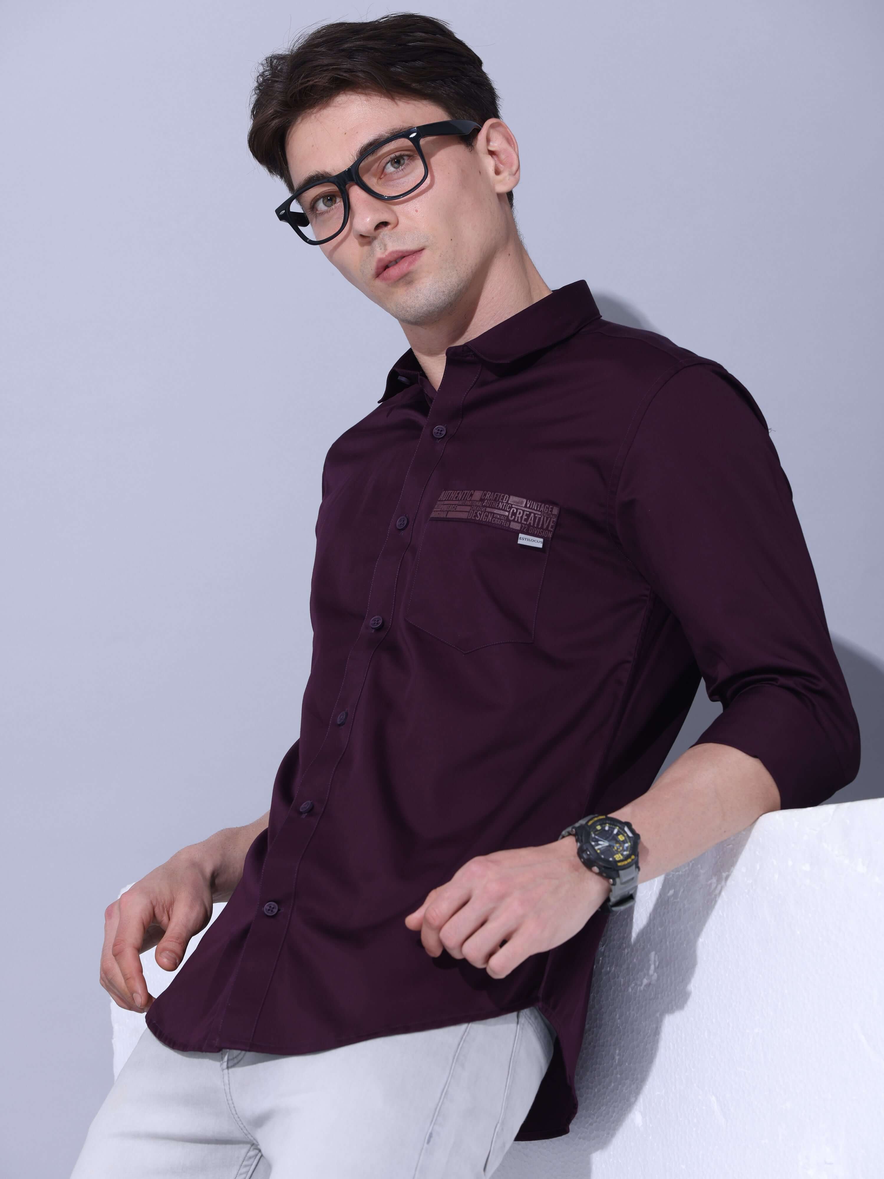 Dark Wine Casual Shirt shop online at Estilocus. • Full-sleeve solid shirt • Cut and sew placket • Regular collar • Double button square cuff. • Single pocket with HD print • Curved hemline • Finest quality sewing • Machine wash care • Suitable to wear wi