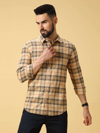 Men Wearing a Plaid Shirt in Beige Background 