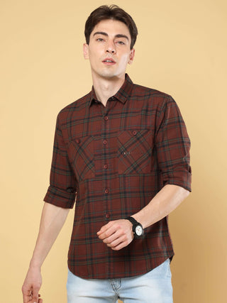 Double Pocket Checked Shirt shop online at Estilocus. • Cut and sew placket• Regular collar• Double button round cuff's• Double pocket flapless pocket• Curved hemline• All single needle construction, finest quality sewing.• HD copper foil pocket print• Ma